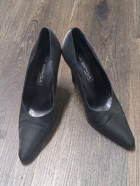 Via Spiga Black Satin Pointed Toe Pumps, Size 8